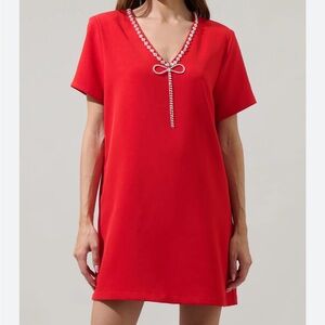 Sugarlips Stazie V-Neck Shift Mini Dress | Rhinestone Bow | Size Medium NWOT